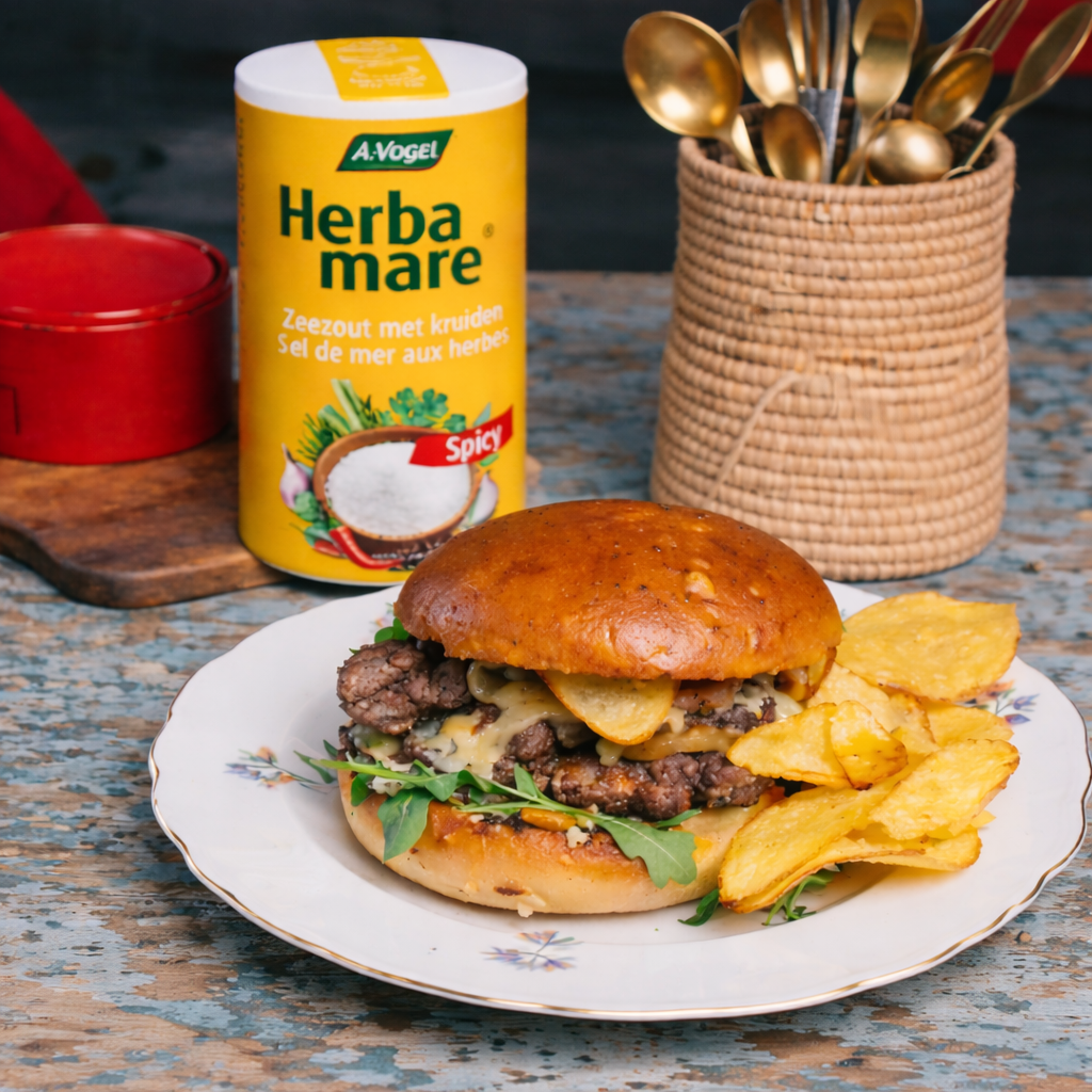 Smashed burger d’hiver avec Cambozola, roquette, sauce BBQ aux airelles et chips maison, relevé avec Herbamare Spicy.