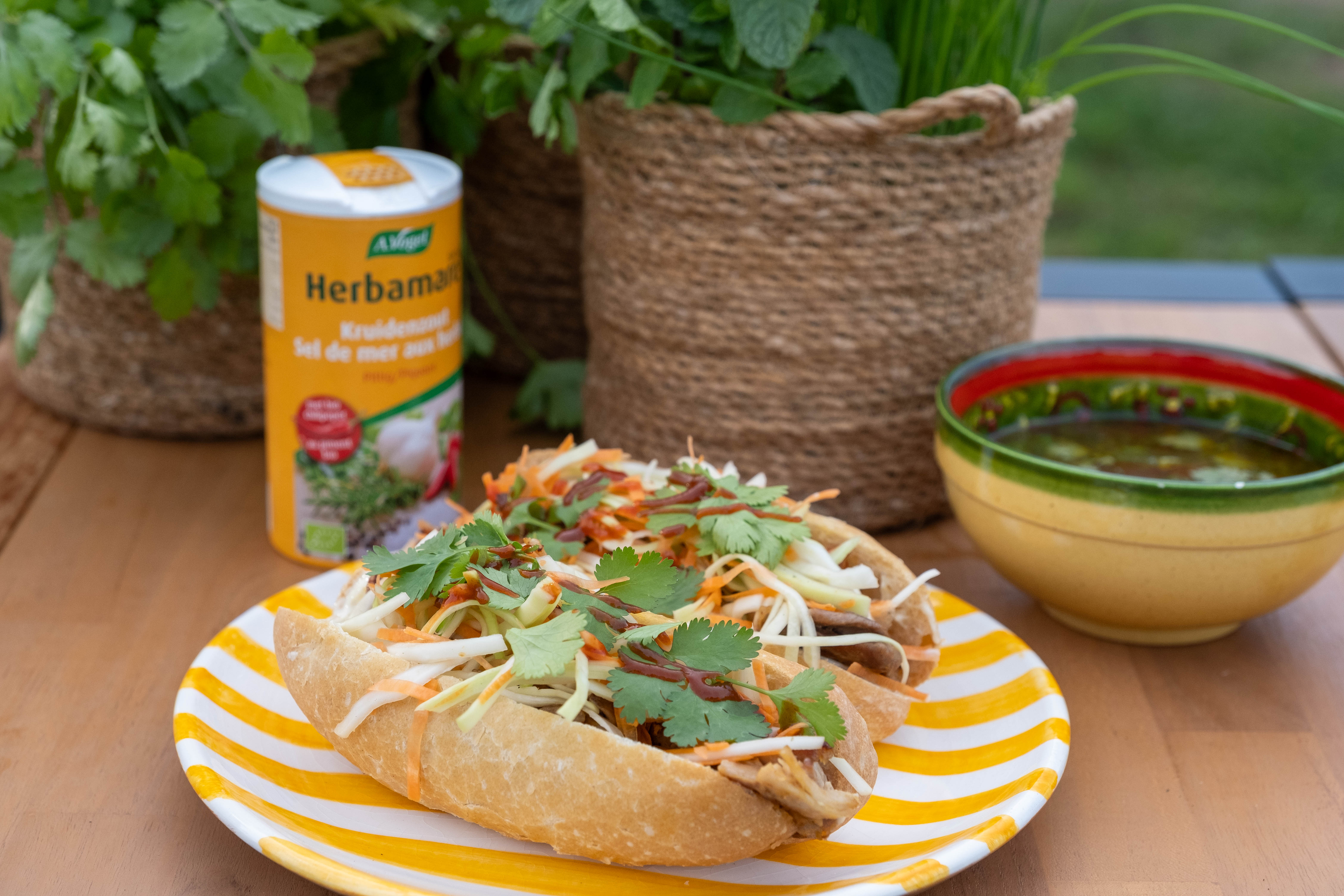 Thais broodje pulled chicken met koolsalade en koriander, op smaak gebracht met Herbamare Spicy – Recept van Jelle Beeckman | Foto: Stephanie Bex