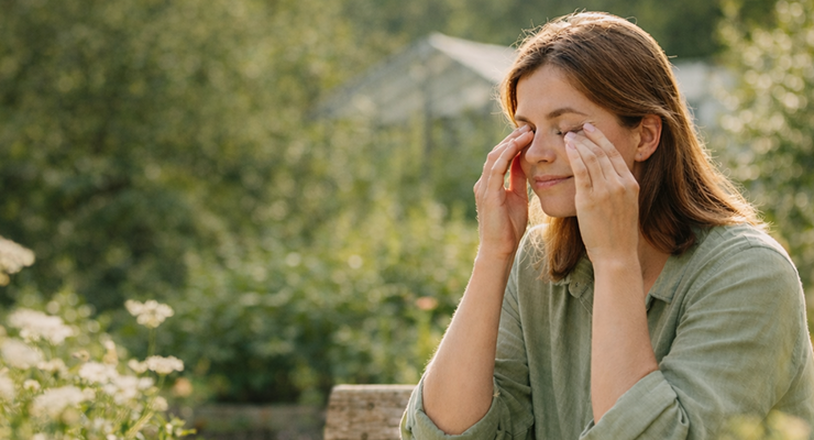 personne qui repose ses yeux fatigués dans un environnement naturel