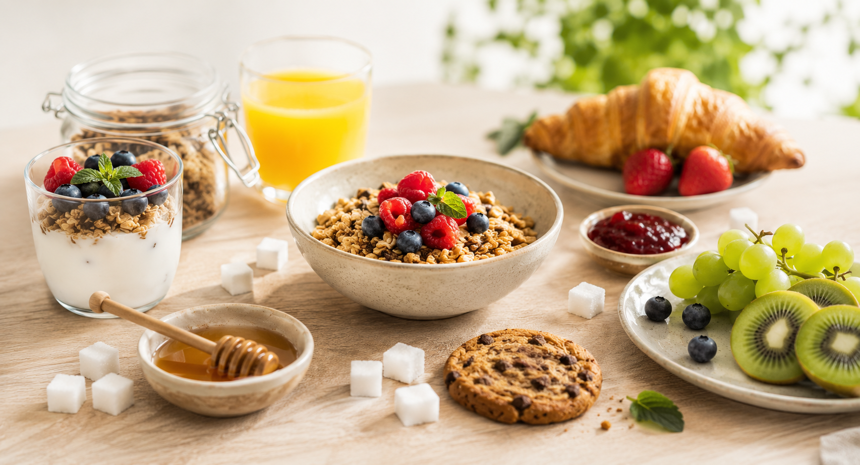 Ontbijttafel met granola, fruit en verborgen suiker in gezonde voeding