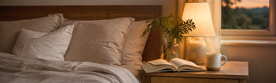Rustige slaapkamer met boek en warme drank voor het slapengaan